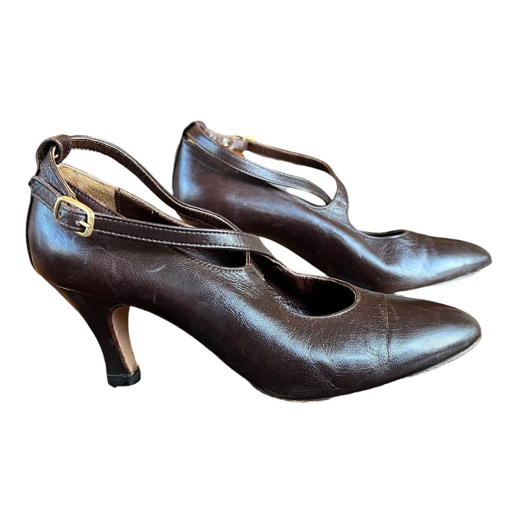 Vintage Jean Marie Chocolate Brown Leather Criss-Cross Strap Pumps Italy